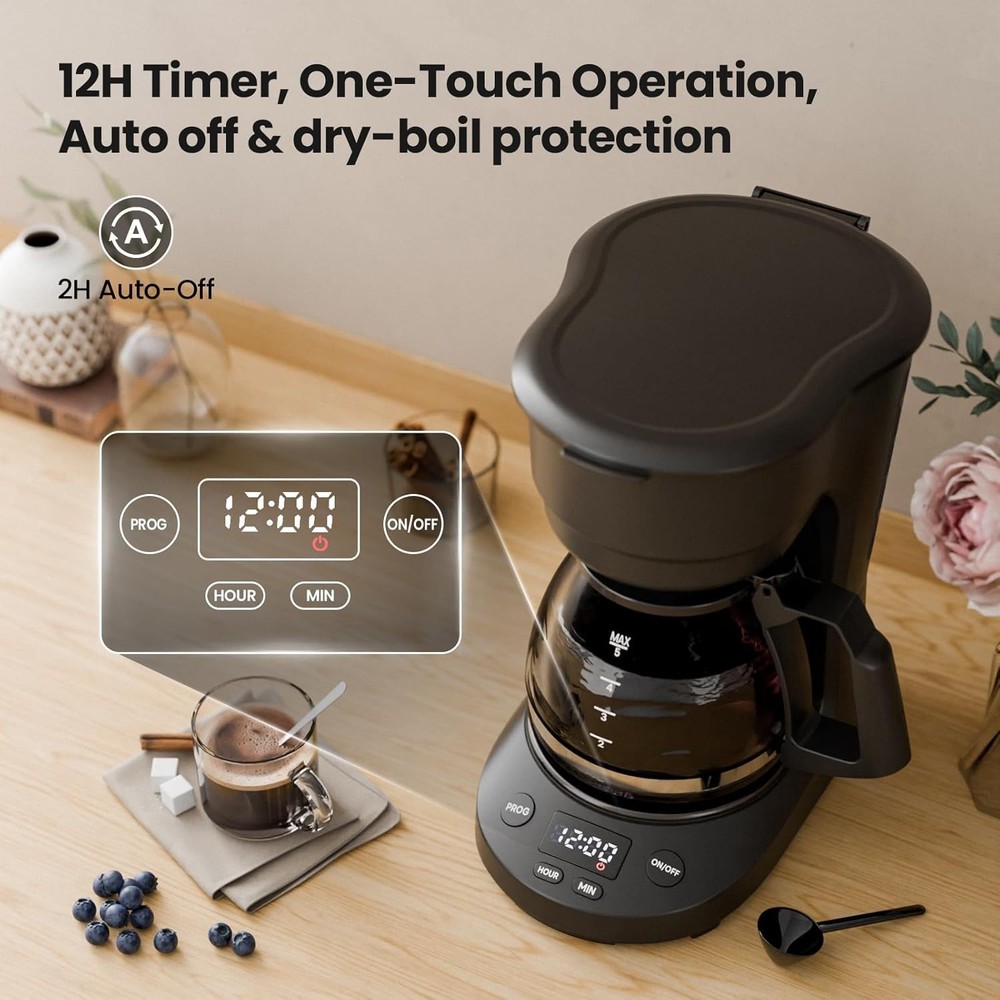 5-Cup Drip Coffee Machine with LED Display, Small Coffee Maker with Anti-Drip...