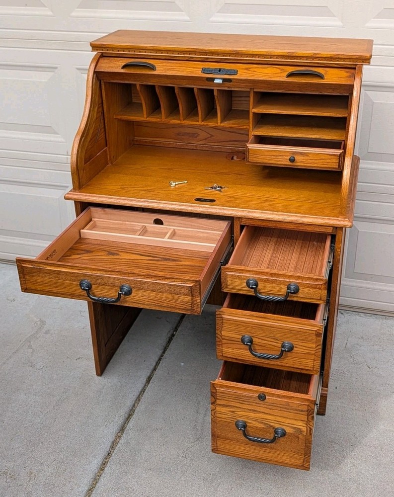 Solid Oak Roll-Top Desk by Winners Only Inc. – Locking Secretary Desk