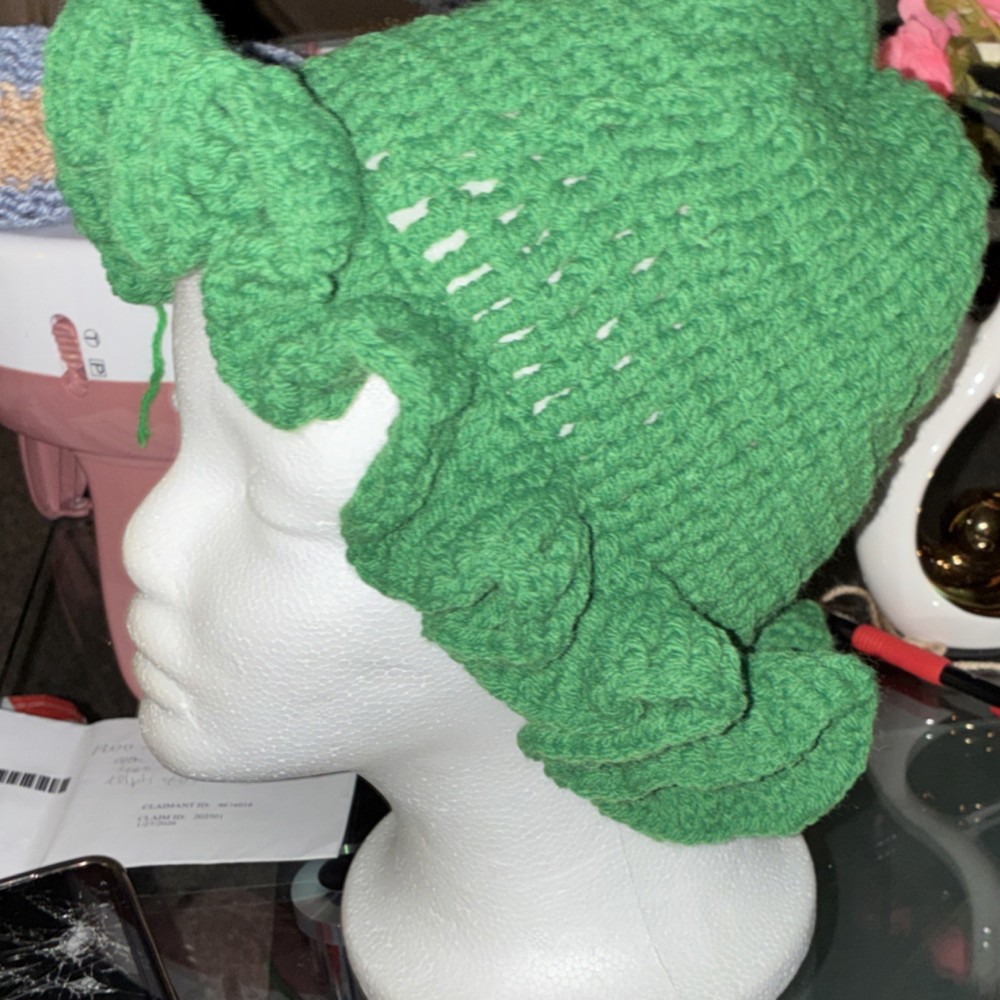 Handmade Green Crocheted Ruffled Hat with Decorative Ruffle Brim Unique Design