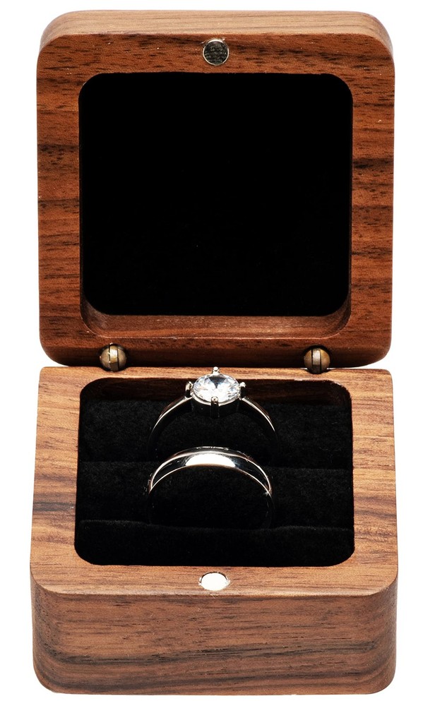 COSISO Square Solid Wood Double Ring Box Case for Wedding Small, Black Inner