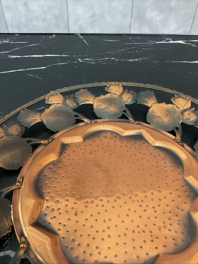 Vintage Copper Platter Bowl With Leaf Design,EUC