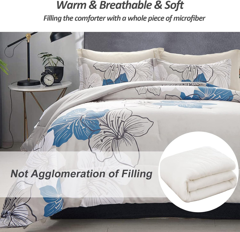 Floral Comforter Set King Blue Flower Pattern Printed on Grey, Soft Microfiber B