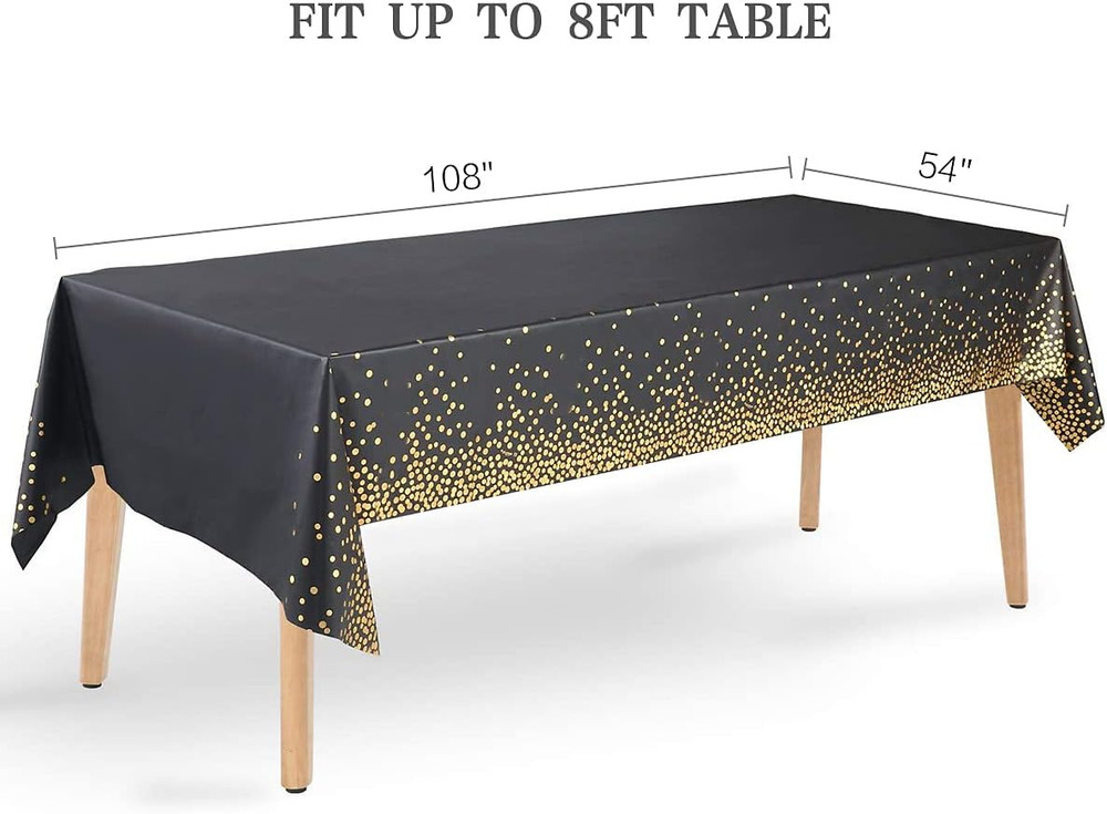 2 Packaging Black and Gold Plastic Tablecloth, 54 inch x108 inch Rectangular Dis
