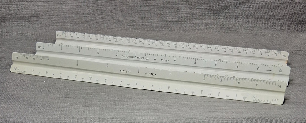 Lot 3 Triangular 3-sided drafting rulers, C-Thru 657, Pickett P-232A, Unbranded
