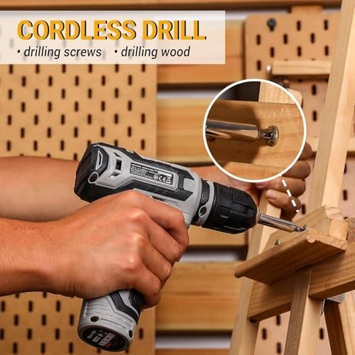 Power Drill Tool Set Kit: Cordless Drill Tool Box with 12V Battery Grey