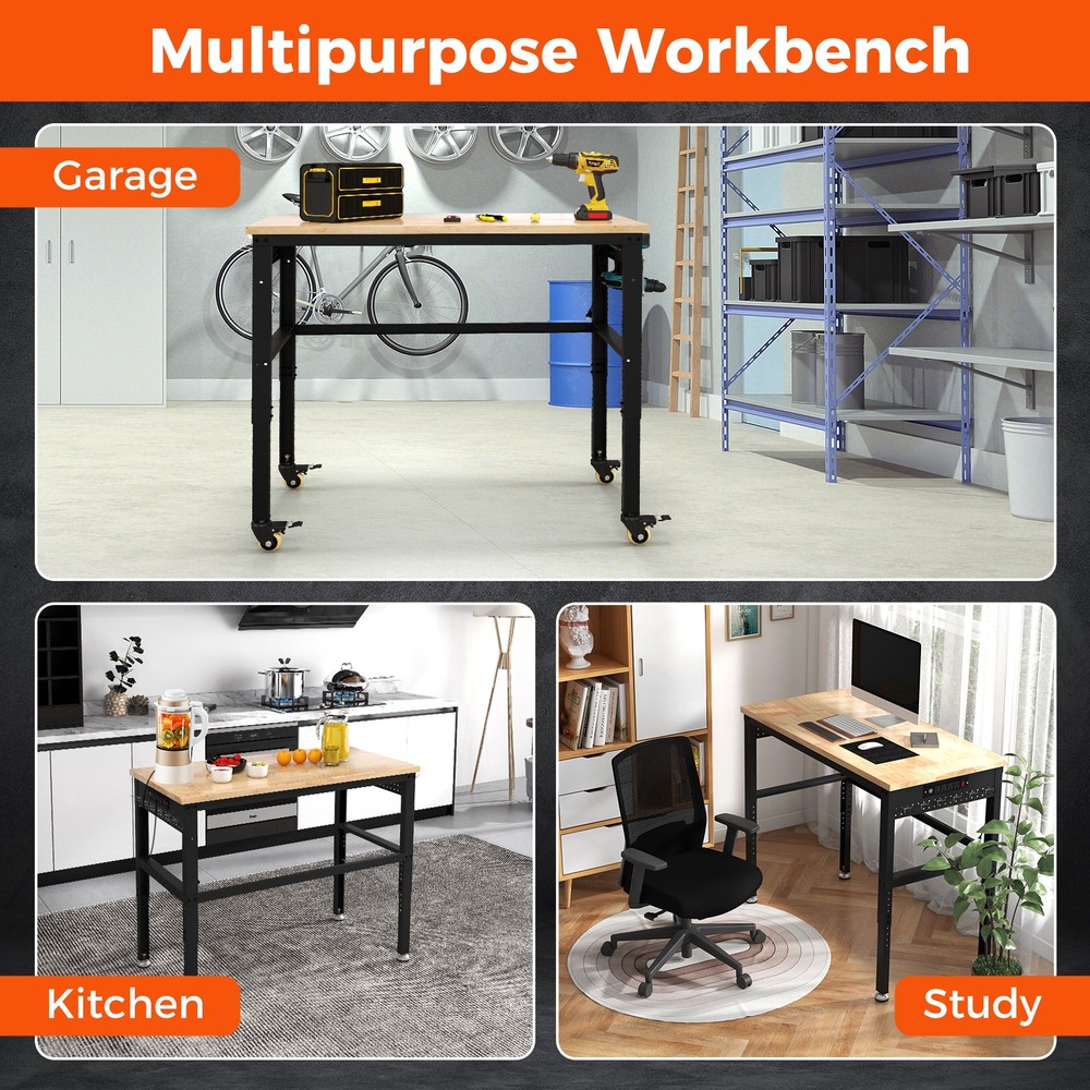 48" Adjustable Workbench w/ Universal Lockable Wheels Power Outlet Workshop