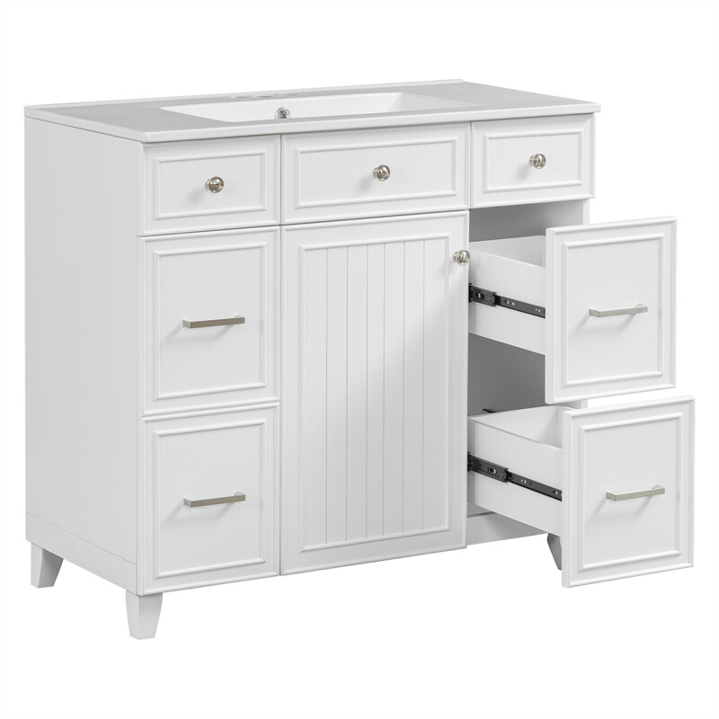 36" White Bathroom Vanity Set,Solid Wood Frame w/Ceramic Sink &Versatile Storage