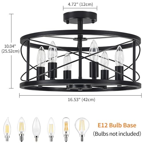 6-Light Black Semi Flush Mount Ceiling Light, 16.53'' Modern 6 Light Black