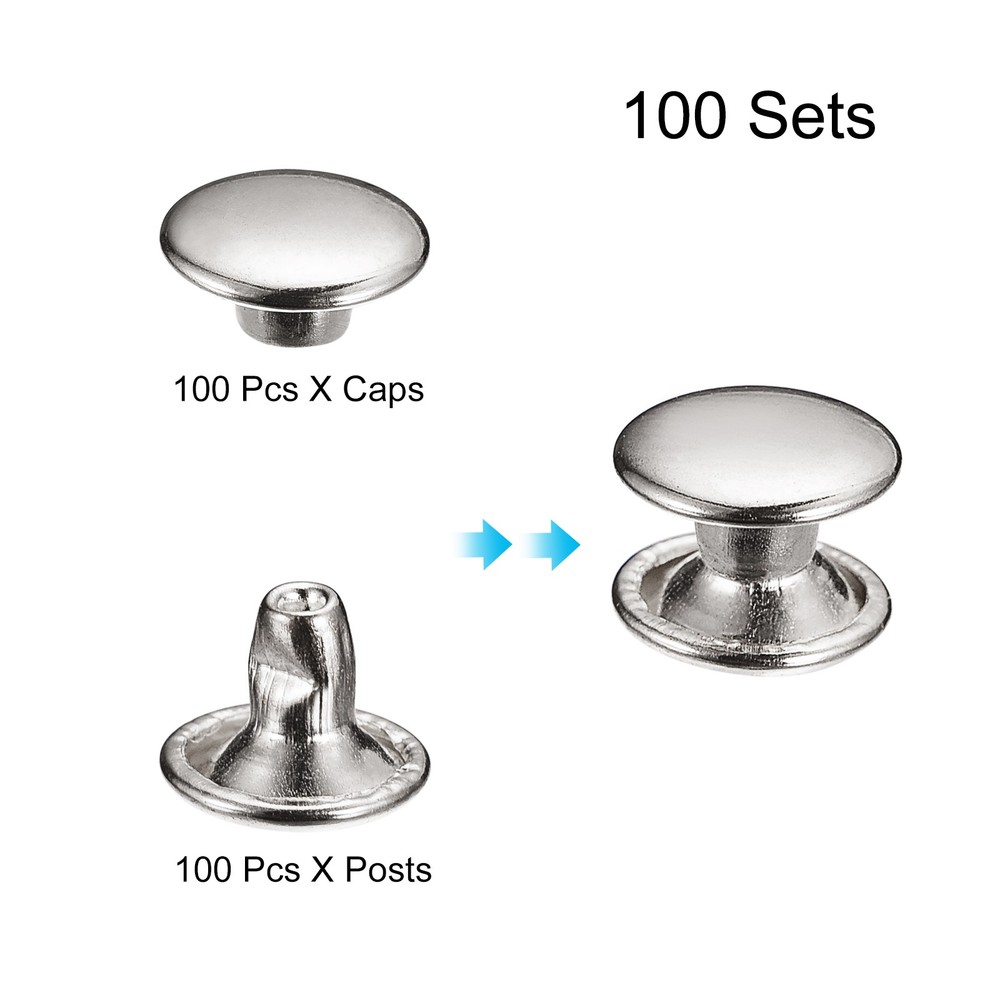 100 Sets Leather Rivets, 8x6mm Double Cap Rivets, Silver Tone