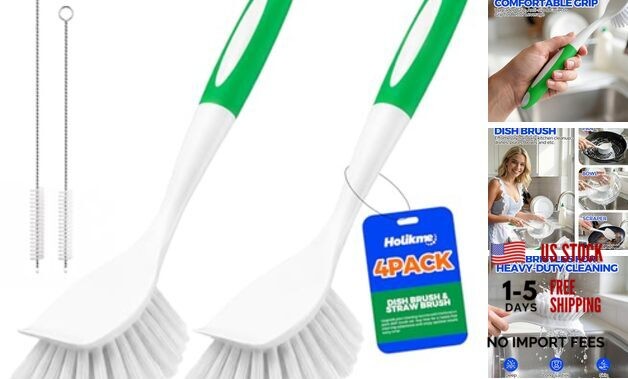 4 Pack Dish Brush with Handle Set - 2 Pack Kitchen Dish Brush with 4Pack Green