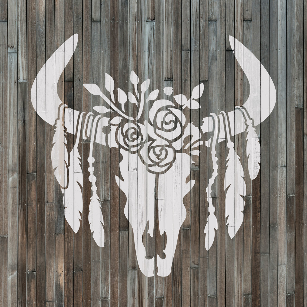 Feathered Cow Skull Stencil - Durable & Reusable Mylar Stencils