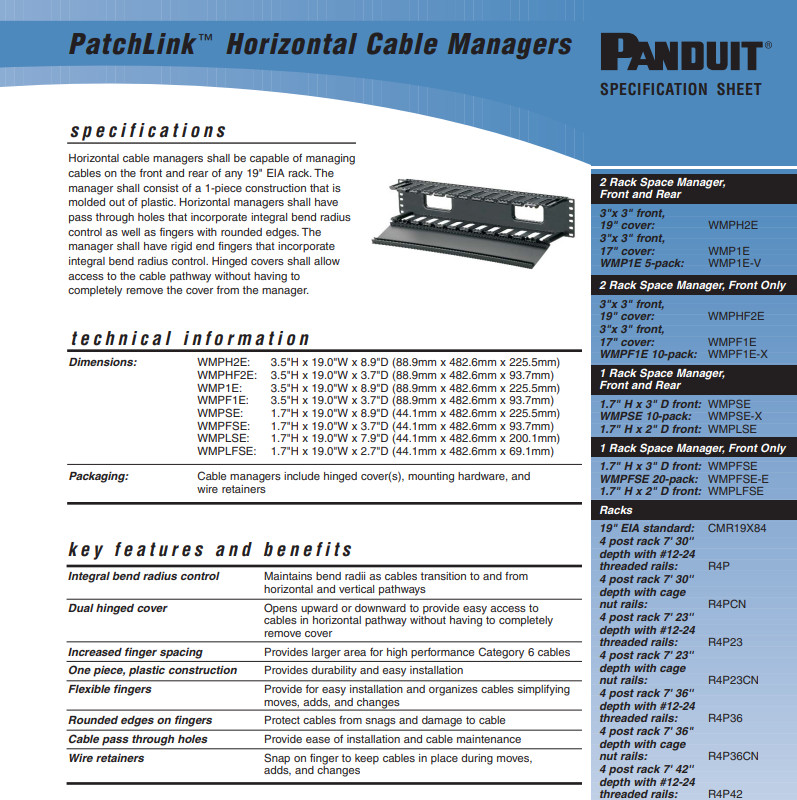 Panduit WMPHF2E Patchlink Horizontal Cable Manager