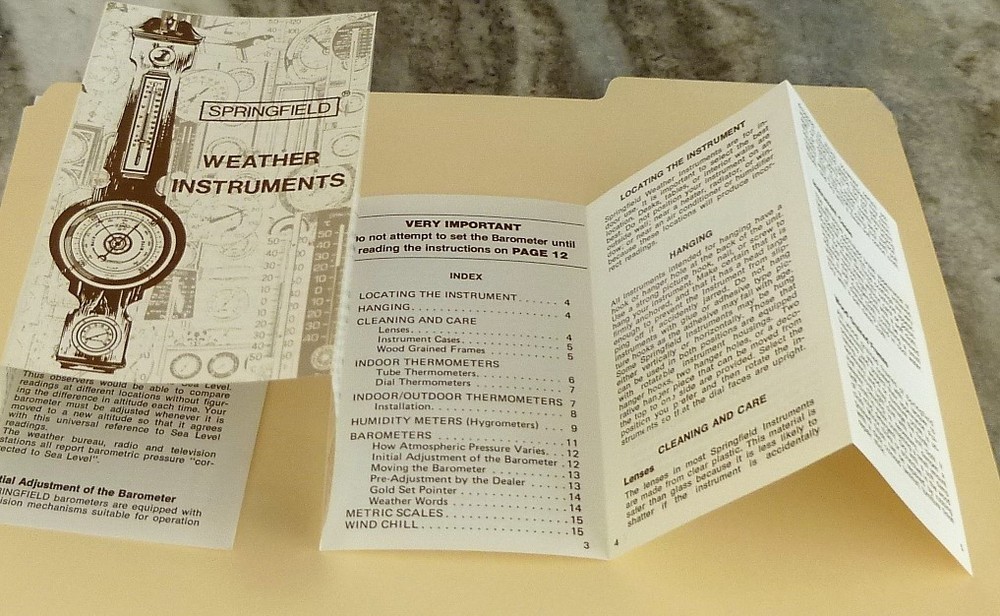 SPRINGFIELD WEATHER INSTRUMENTS PHAMPHLET INSTRUCTIONS NEW