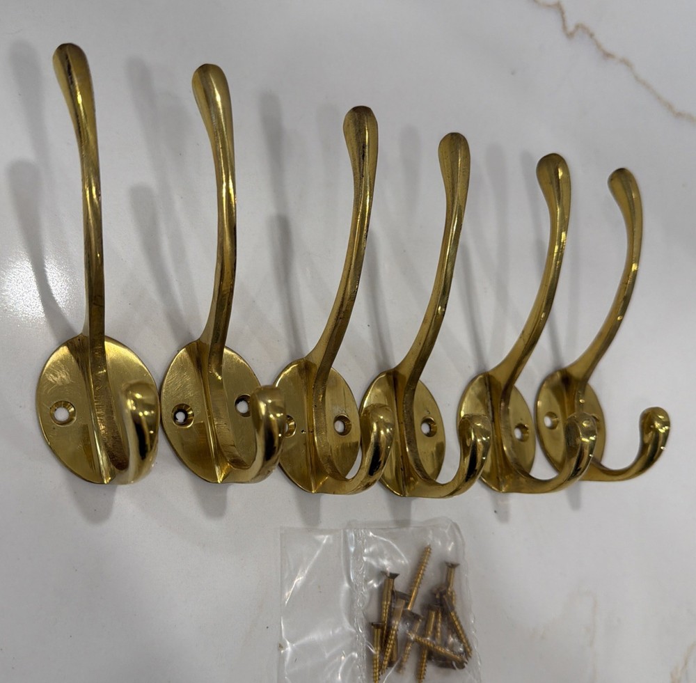 6 VTG 4”Solid Brass Wall Door Coat Kitchen Hook Rustic Old Style with 1”screws