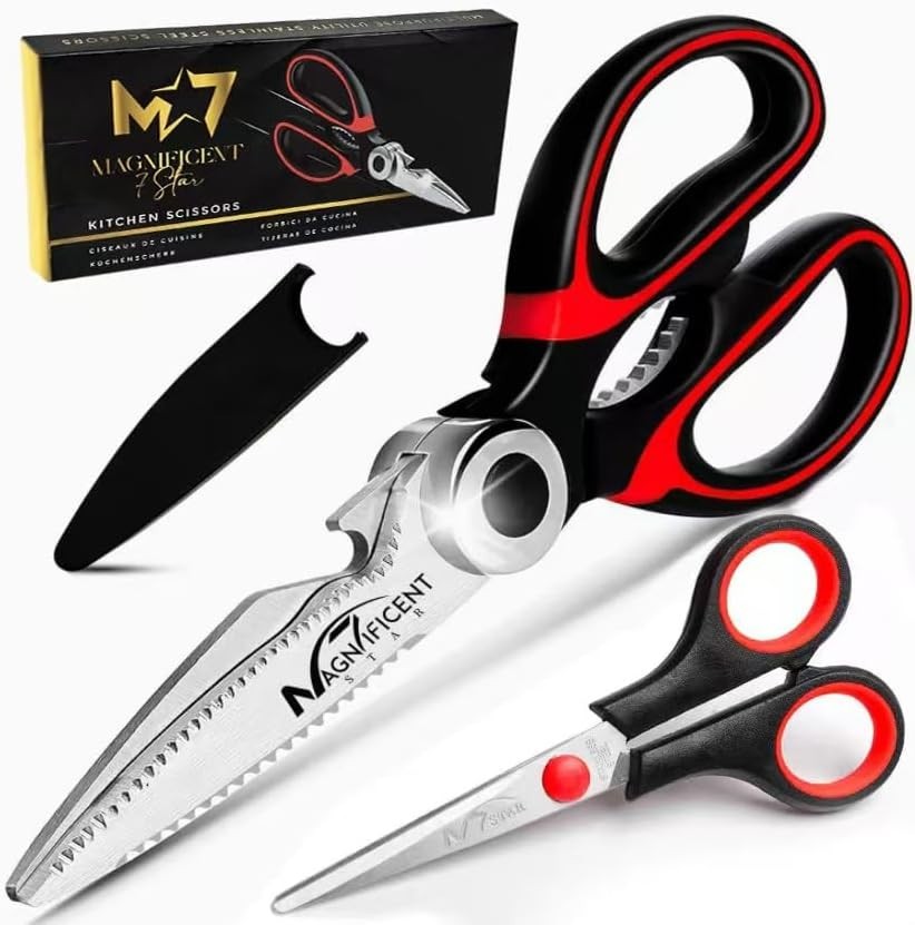 Versatile Kitchen Scissors - Stainless Steel Shears with Gift & Cover - Red