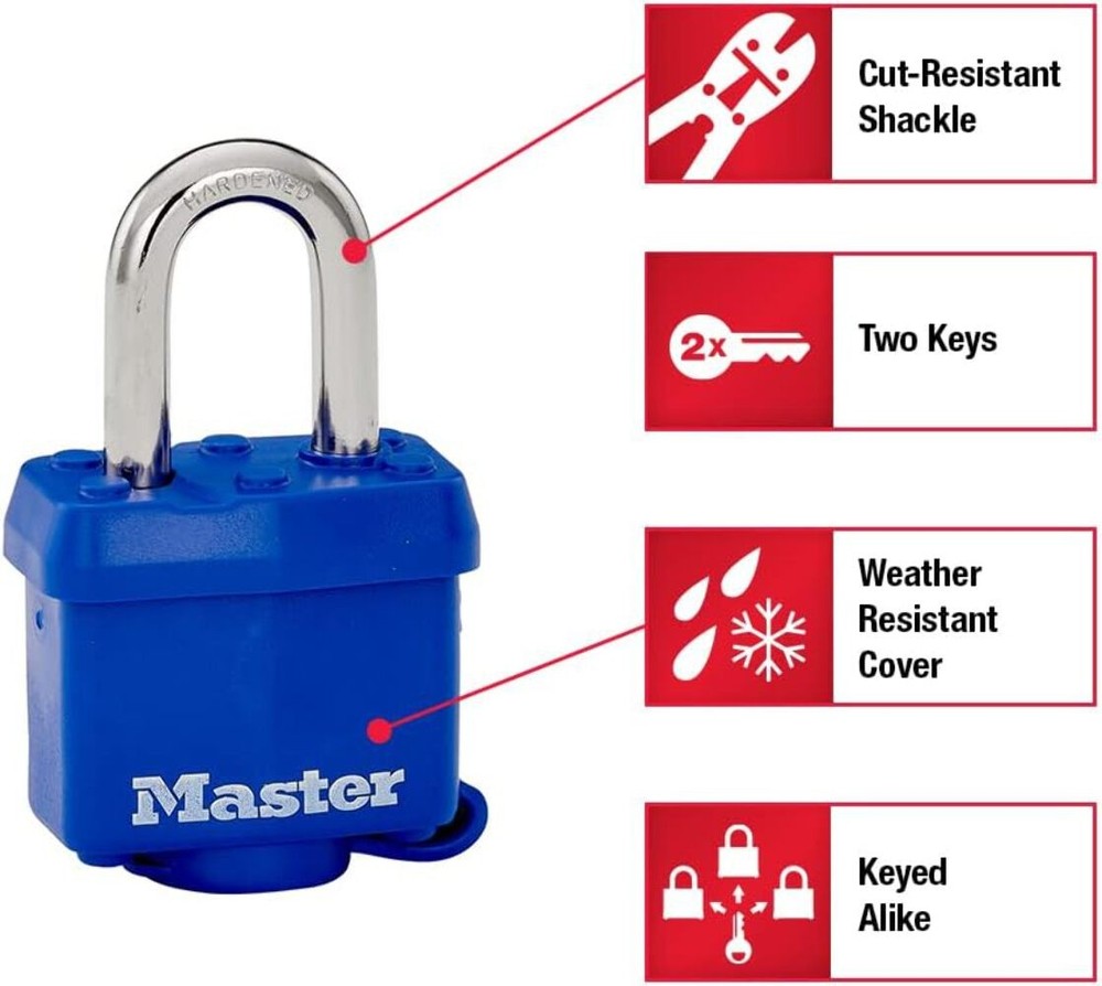 Master Lock 312TRI Laminated Padlock with Key & Thermoplastic Shell, Blue, Pack