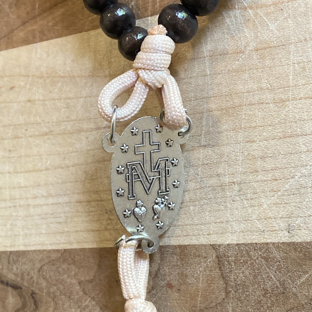 Sleeping Saint Joseph Wood & Cord Rosary 8mm Beads Trinity Crucifix 15.5”