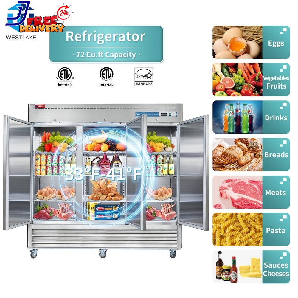 82 In. W. 72 Cu. Ft. Commercial Refrigerator 3-Solid Door Electronic Control Sys