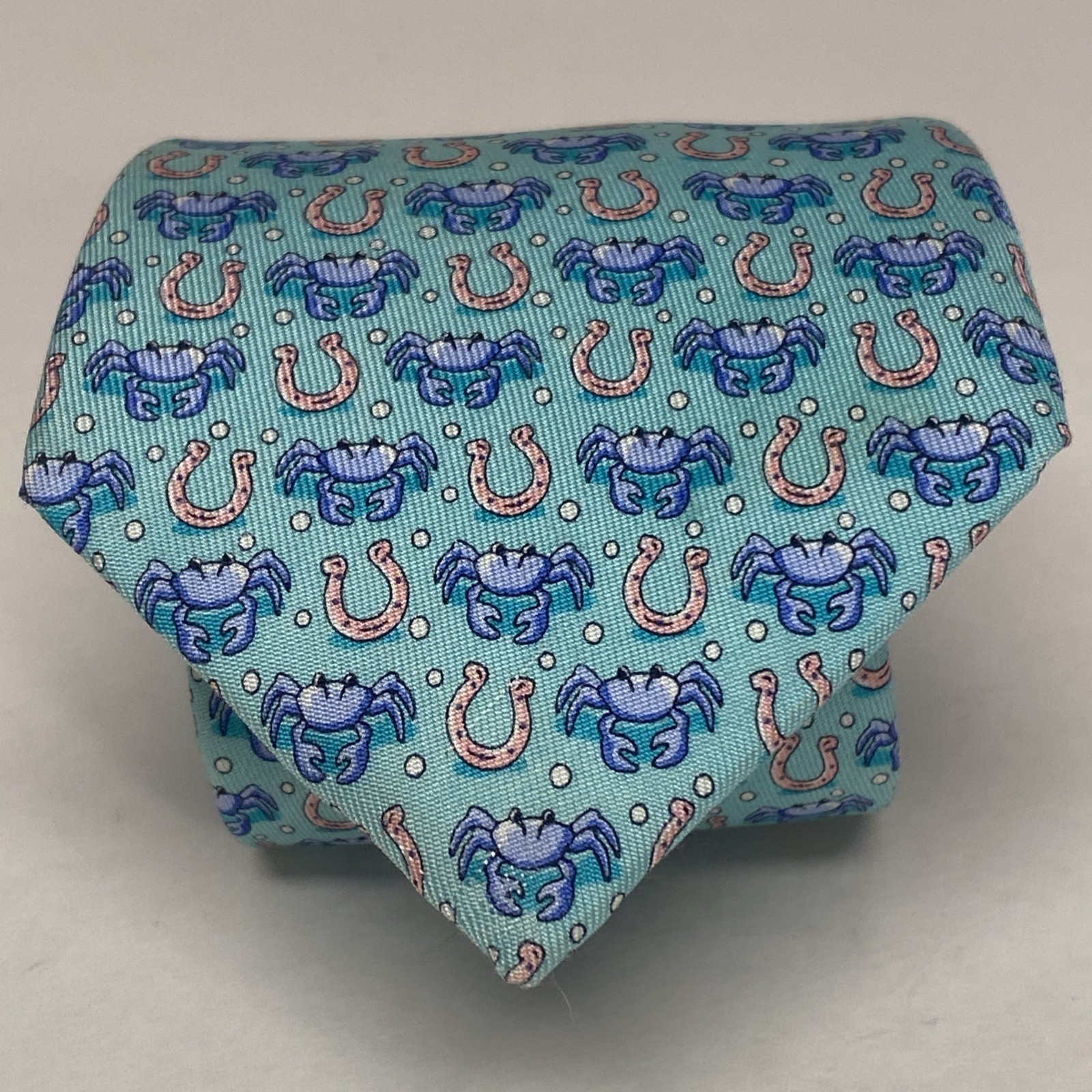 Vineyard Vines Boys Teal Blue Repp Silk Tie Lucky Horse Shoe Crabs 49.5” USA E2