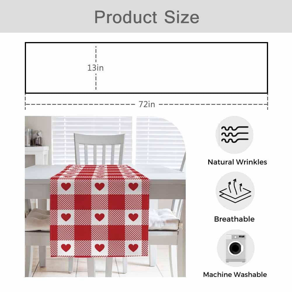 Table Runner Romantic Red Hearts Gingham PatternCotton Linen Table Runner Dec...