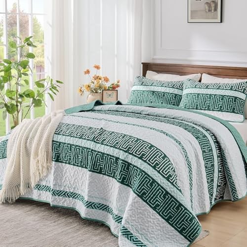 Green Striped Quilt Set Size Boho Patchwork Striped Queen Green White