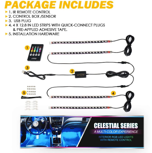 48 RGB LED Strip Neon Atmosphere Light Kit USB Plug Bluetooth App Remote Control