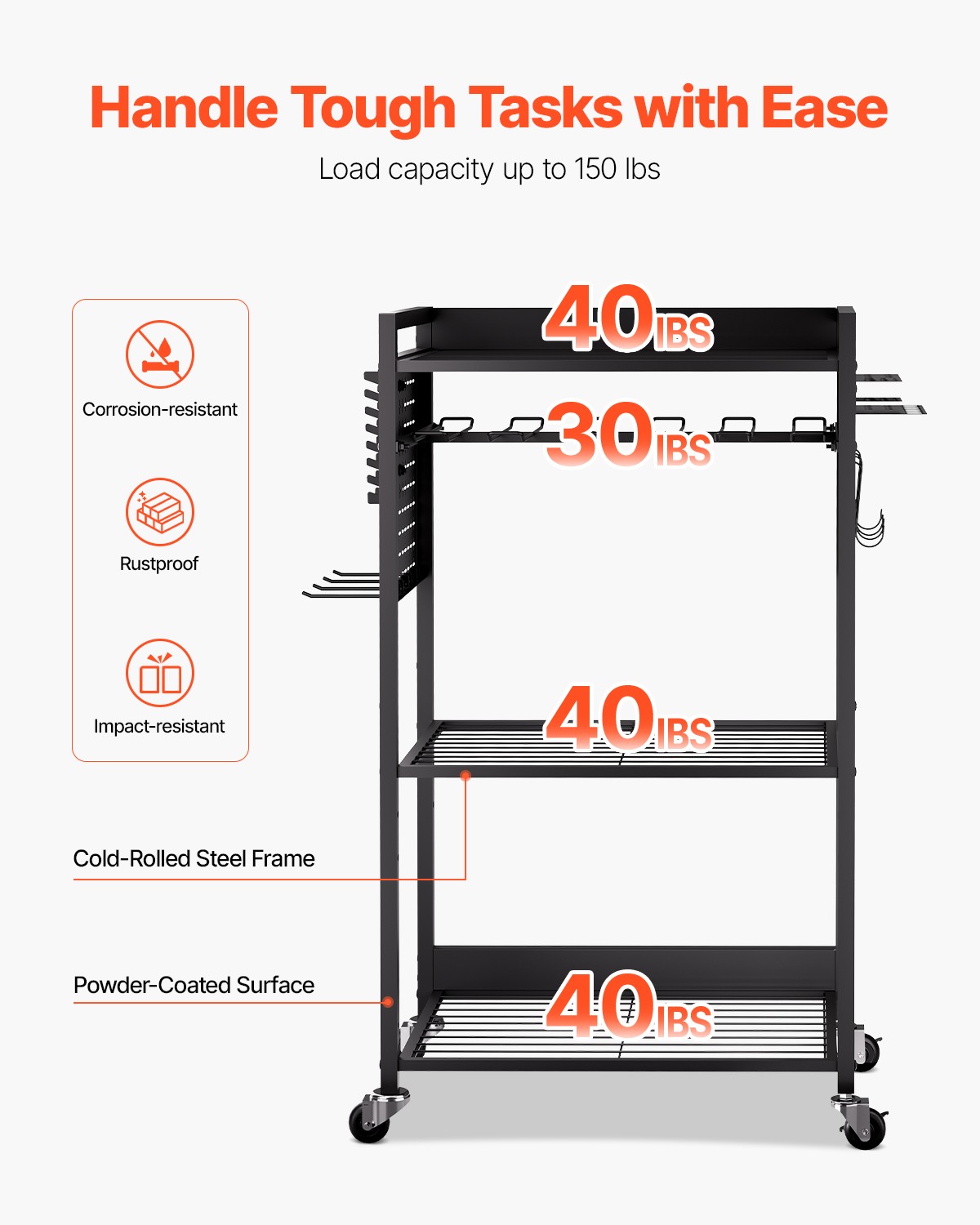 VEVOR 4-tier Tool Organizer Cart on Wheels 150 lbs Garage Cart for Workshop