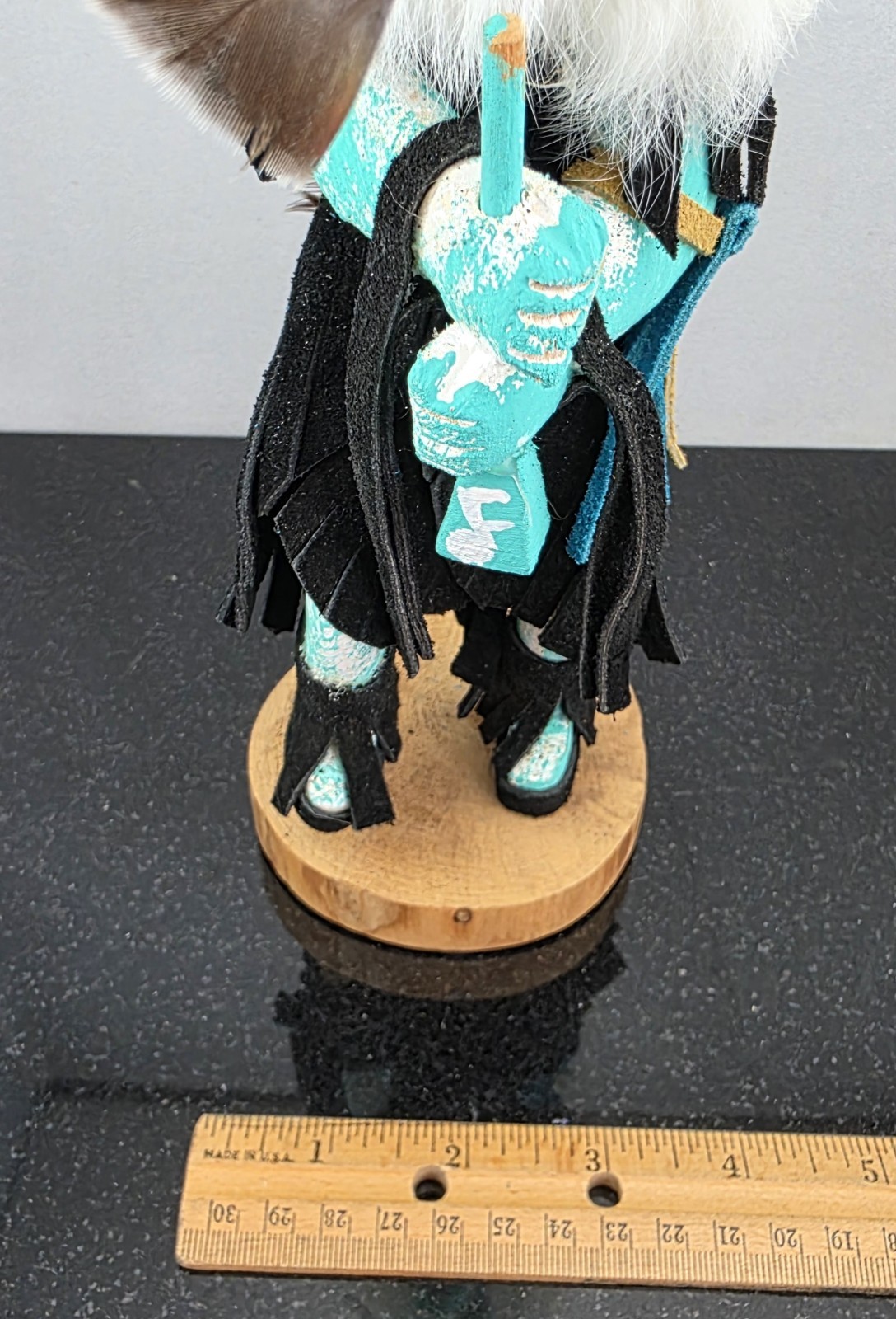 Vintage Kokopelli Kachina Doll Leather Wood Fur Feathers 11.5″ - Corrina Edsitty