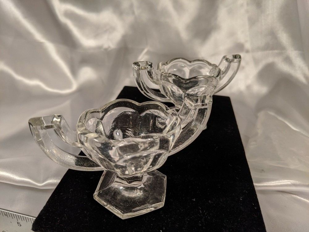 Pair 2 Central Glass Krystol Chippendale Footed Handled Open Salt Cellars EAPG