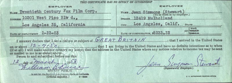 JEAN SIMMONS - DOCUMENT SIGNED 03/13/1953