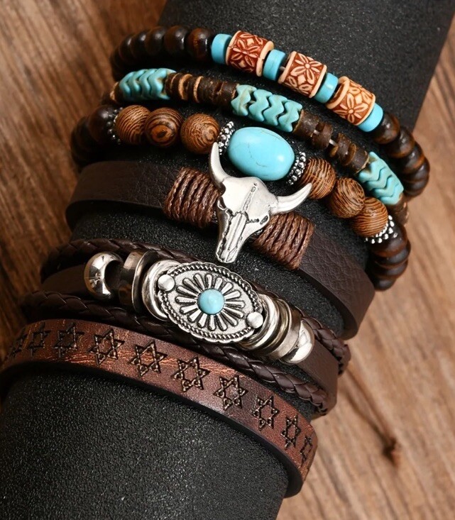 6 PC Leather Punk Bracelet Stackable Adjustable Tie New Free Ship B2794