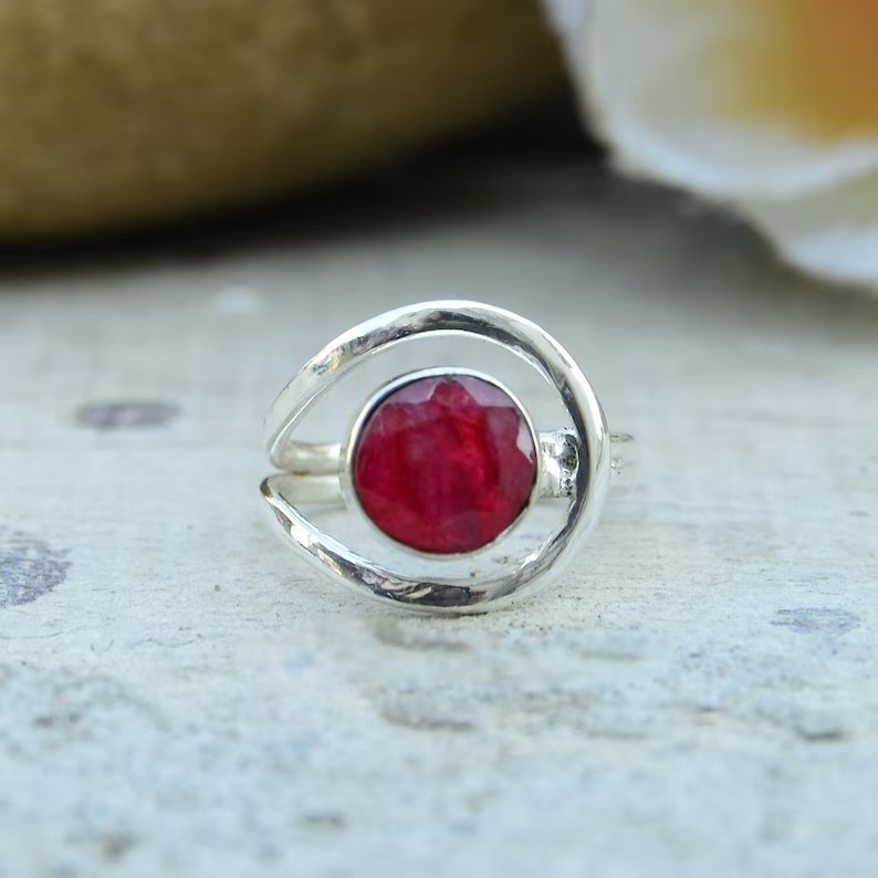 Solid 925 Sterling Silver Natural Red Ruby Round Gemstone Handmade Women's Ring