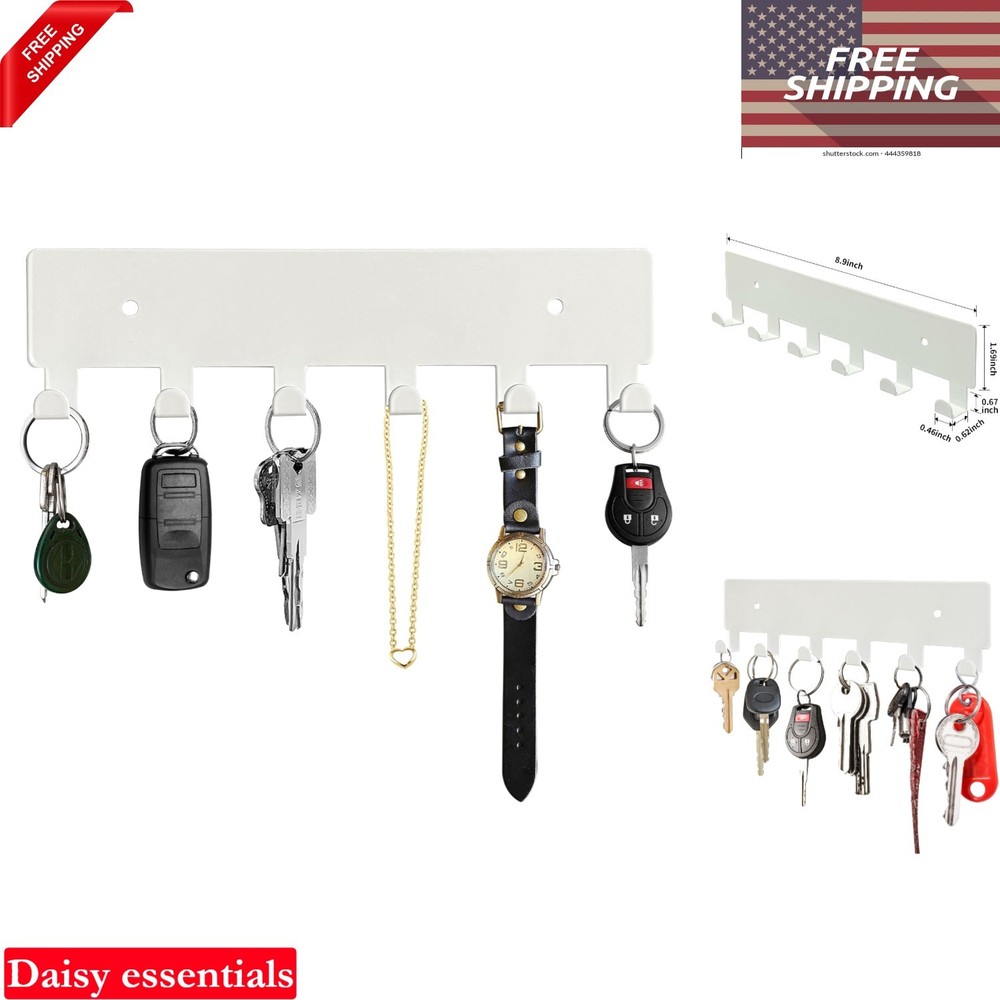 Wall Key Holder with 6 Hooks White Wall Mounted Key Rack Rust Resistant Pract...