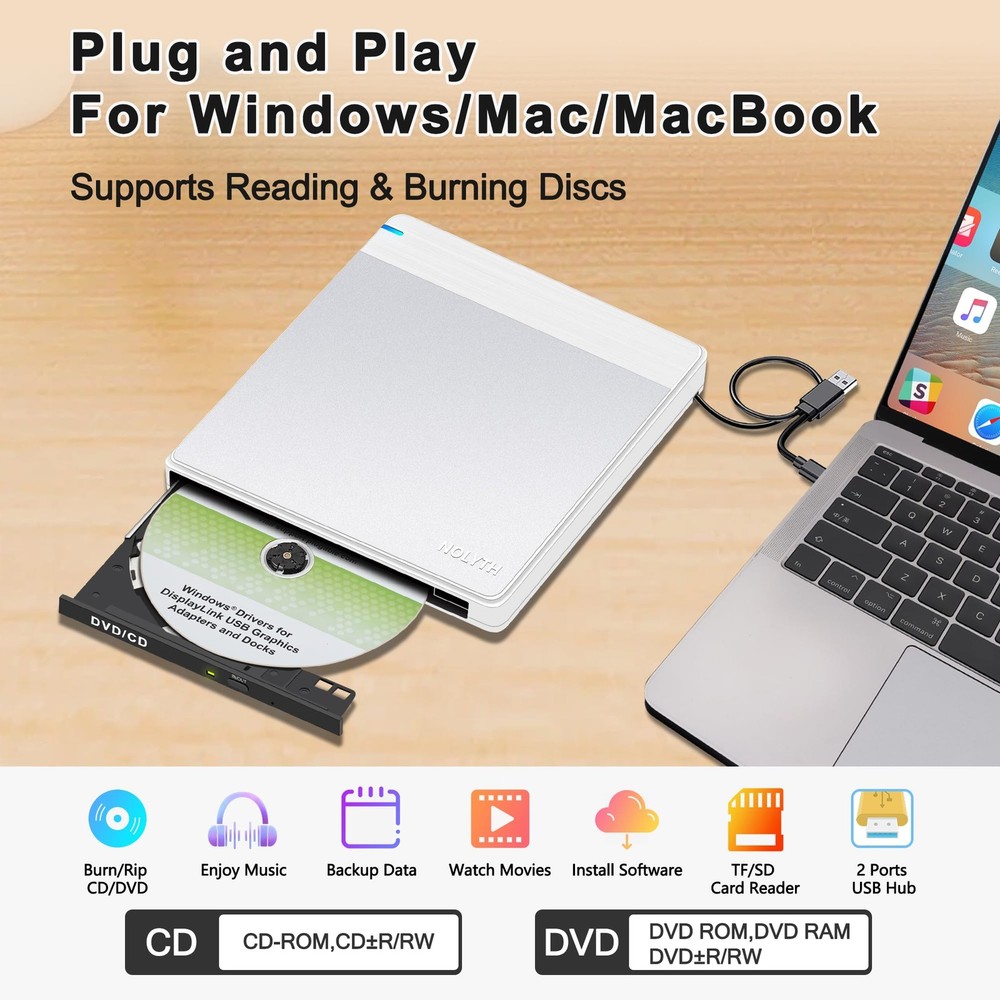 External CD Drive for Mac: USB 3.0 Type-C DVD Burner Player for Laptop Window...
