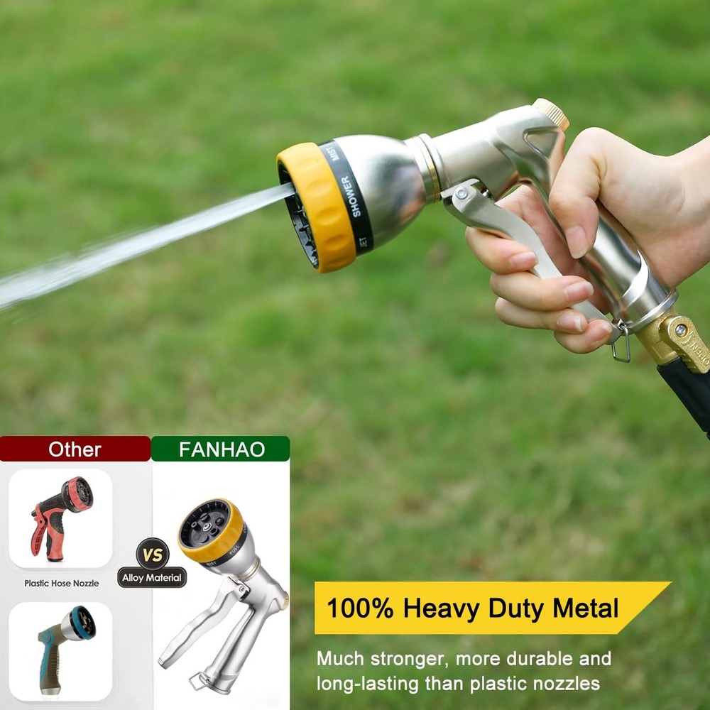 FANHAO Garden Hose Nozzle Sprayer, 100% Front Trigger - 7 Patterns, Silver