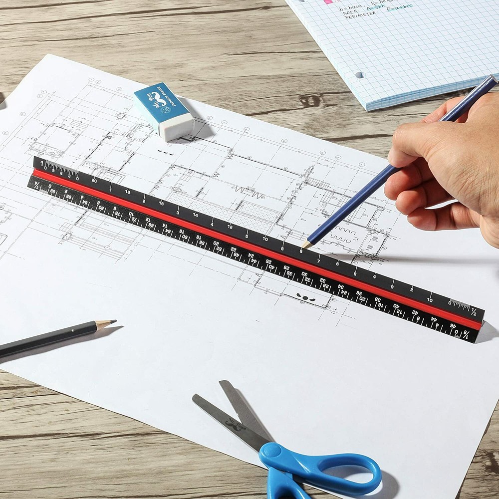 Architectural Scale Ruler 12″ Aluminum Triangular Architect Black Ruler New