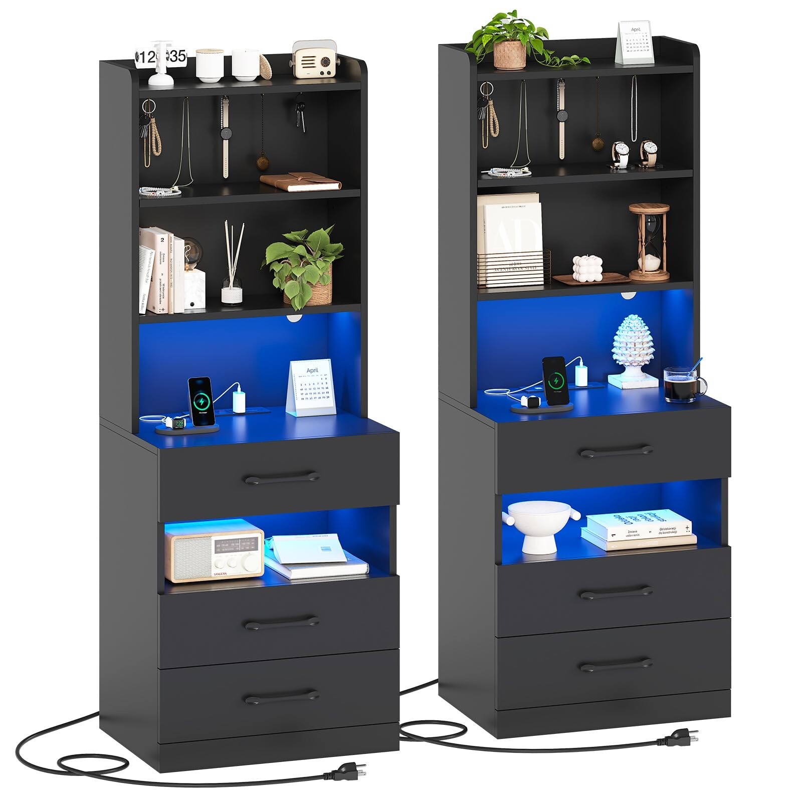 Tall Night Stand with LED Lights, Black Nightstand with 3 Drawers for Bedroom