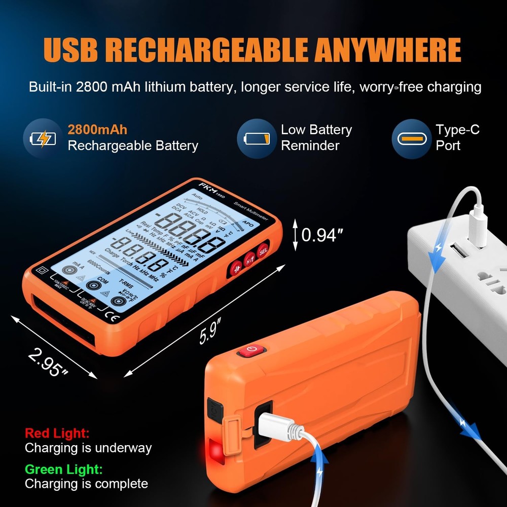 Digital Multimeter Tester Auto-Ranging TRMS 6000 Counts Smart Rechargeable Volt