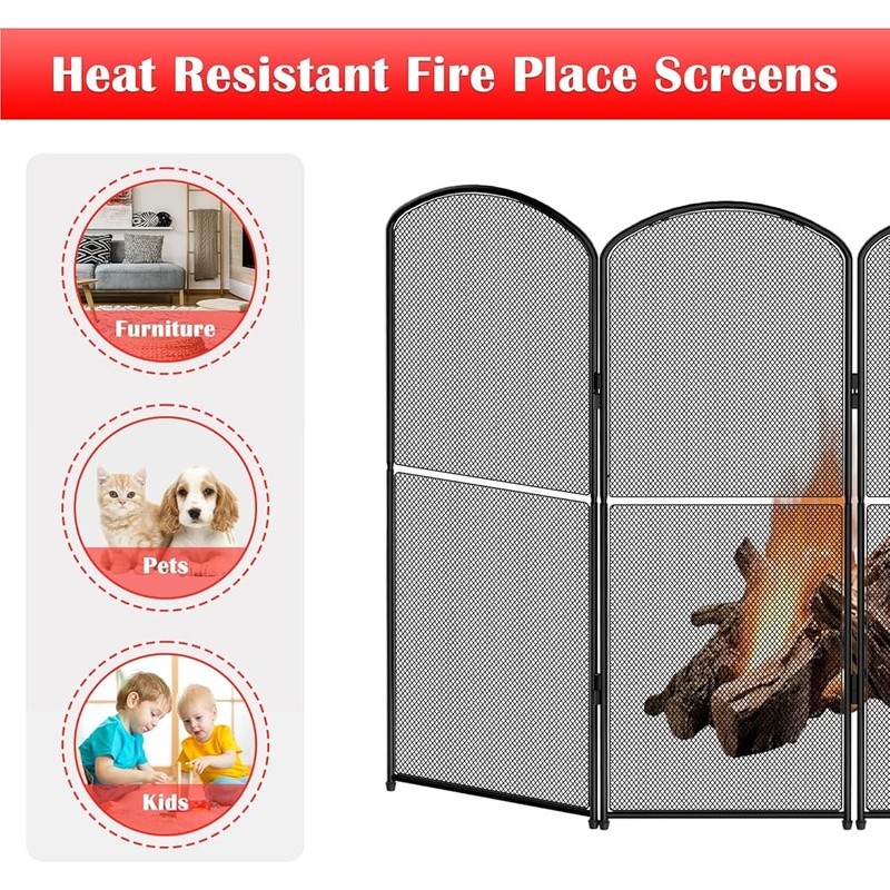 4 Panel Fireplace Screen Foldable Protective Metal Mesh Spark Guard Stand New