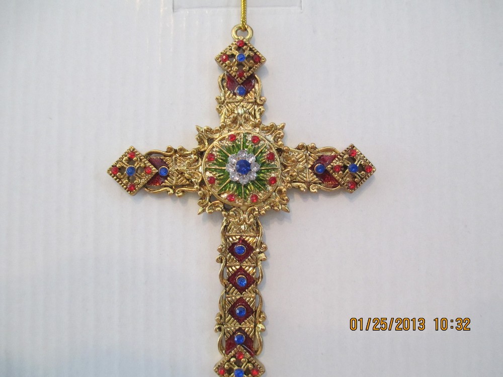 CROSS ~ ANGULAR GOLD COLORED ENAMEL & GEM ~ ORNAMENT #4723