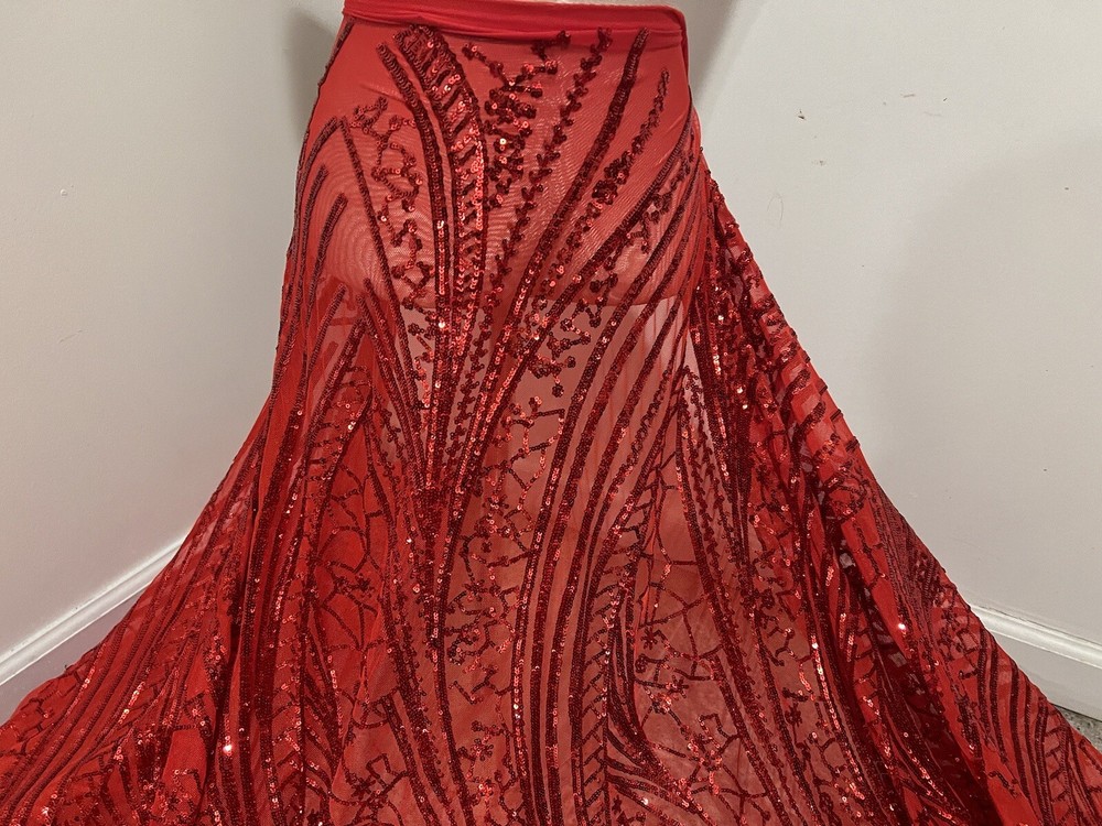 RED 4way Stretch Sequins Fabric 50” Width Sold By The Yard