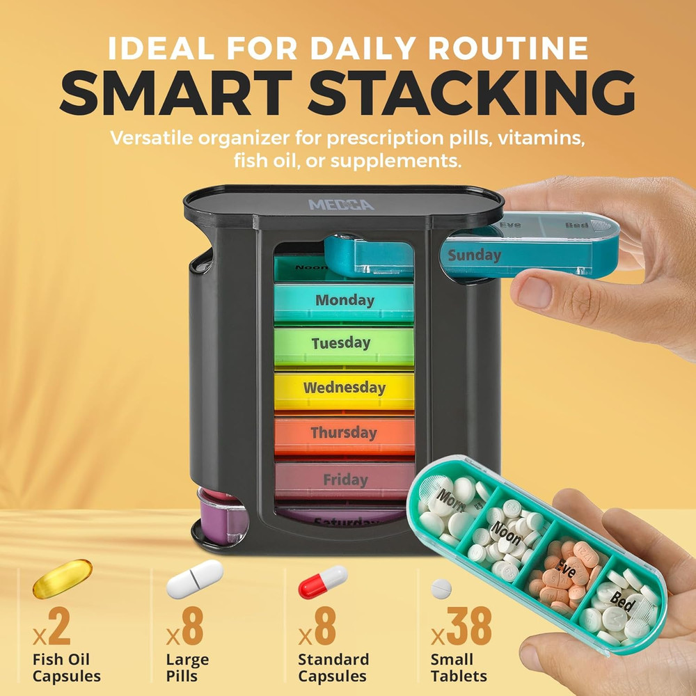 Stackable Daily Pill Organizer - (4 Times a Day) Weekly Medication Reminder - Pr