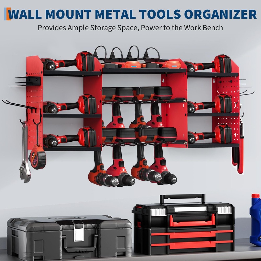 Power Tool Organizer Wall Mount 3-Layer Garage Rack 8 Outlets Drill Storage Hook