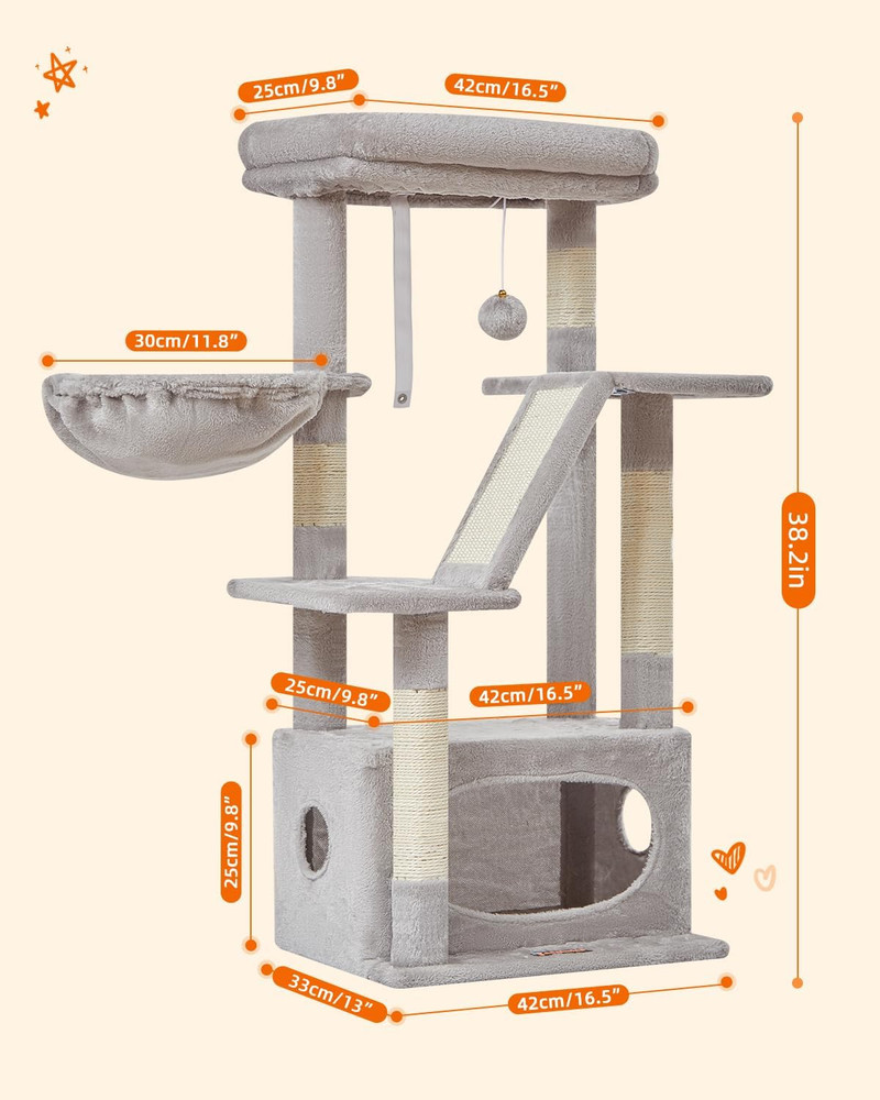 Luxurious 38.2-Inch Cat Tree Tower with Adjustable Baskets and Perch - Light Gra