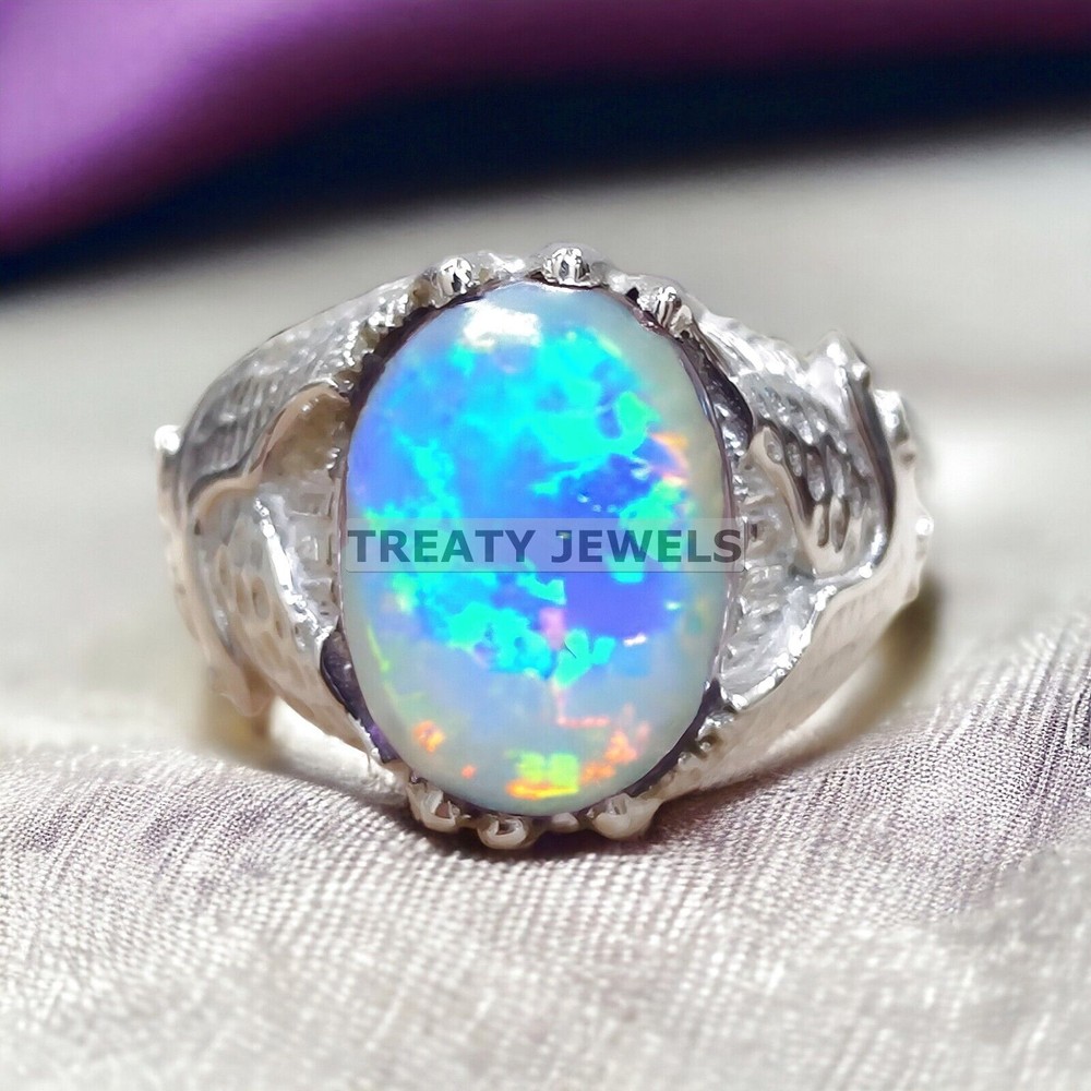 Opal Oval Cut Gemstone With 14K Solid White Gold Ring For Men's #859