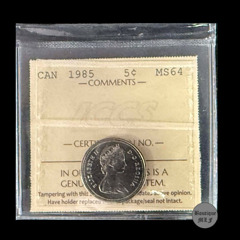 1985   Canada 5 Cent  coin   ICCS grading  MS-64 , XGV-599