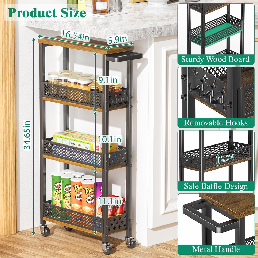 4-Tier Slim Rolling Storage Cart for Kitchen Bathroom Organizer, Mobile Narro...