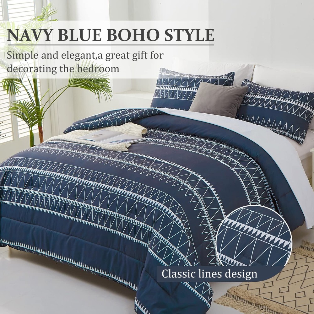 WONGS BEDDING Navy Blue Comforter Set Queen, Reversible Boho Triangle Down Al...