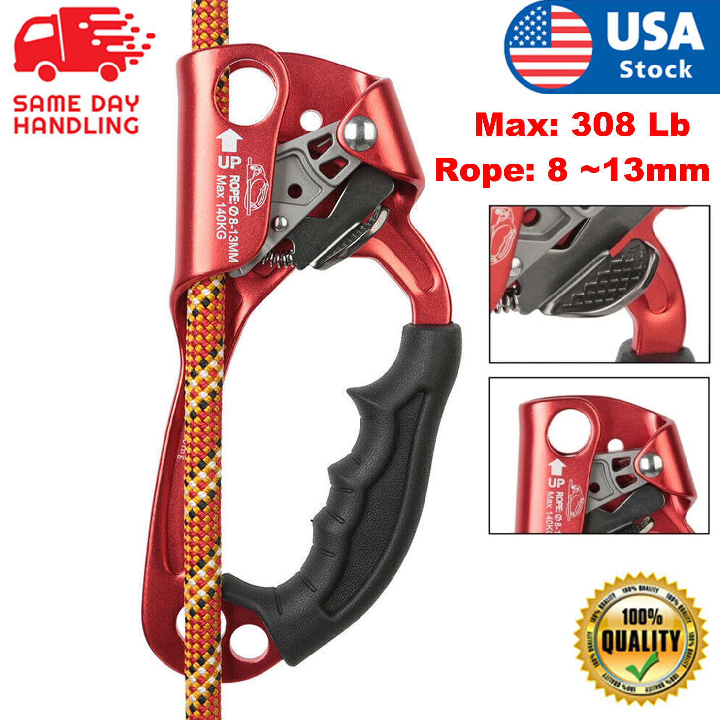 Hand Ascender Rock Climbing Tree Arborist Rappelling Gear Rope L/R 8~13mm 307lb