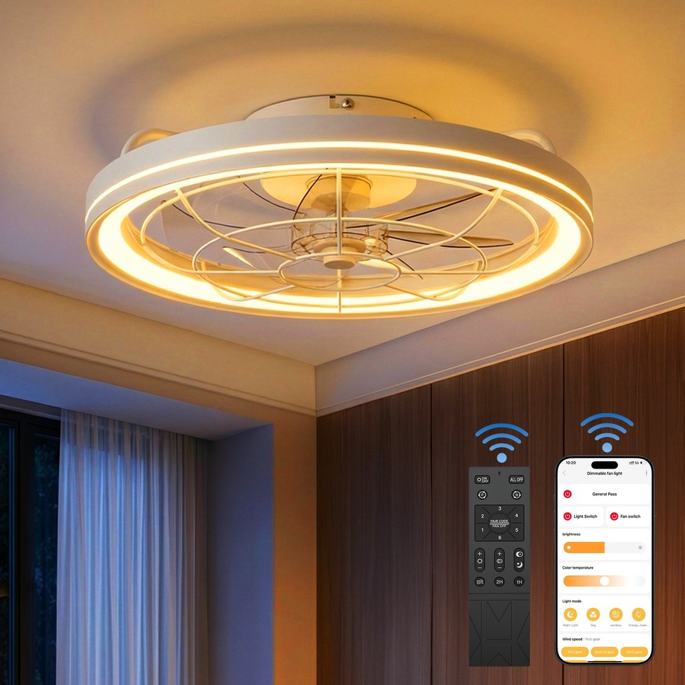 🏆20" Modern Fan Lights Flush Mount LED Ceiling Light kit APP Remote Control